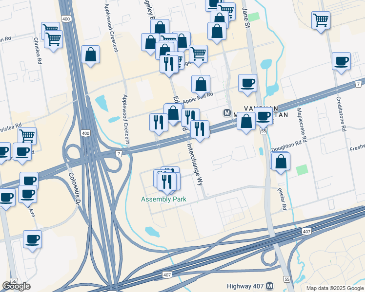 map of restaurants, bars, coffee shops, grocery stores, and more near 8 Interchange Way in Vaughan