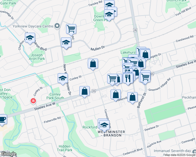 map of restaurants, bars, coffee shops, grocery stores, and more near 39 Thurman Road in Vaughan
