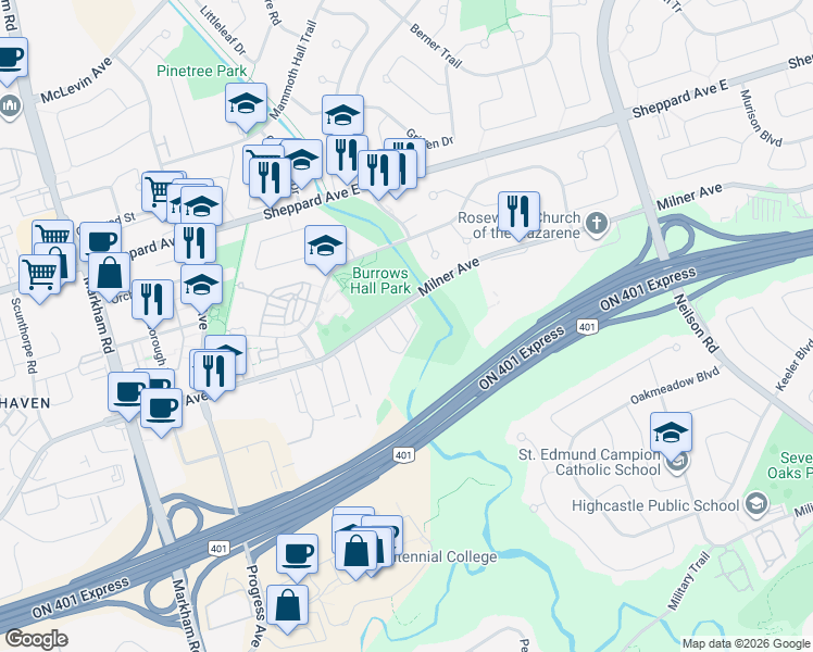map of restaurants, bars, coffee shops, grocery stores, and more near 525 Milner Avenue in Toronto