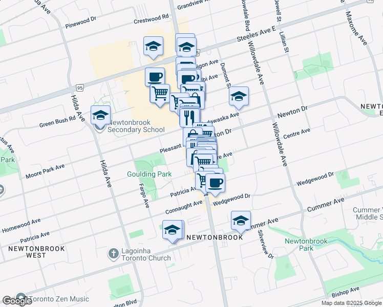 map of restaurants, bars, coffee shops, grocery stores, and more near 6150 Yonge Street in Toronto