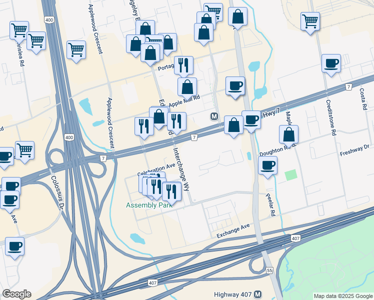 map of restaurants, bars, coffee shops, grocery stores, and more near 3201 York Regional Road 7 in Vaughan