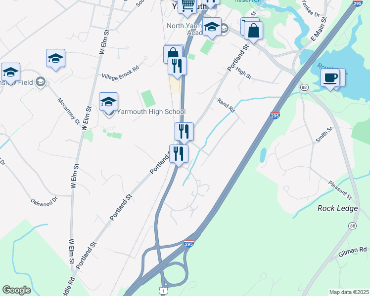 map of restaurants, bars, coffee shops, grocery stores, and more near 305 U.S. 1 in Yarmouth