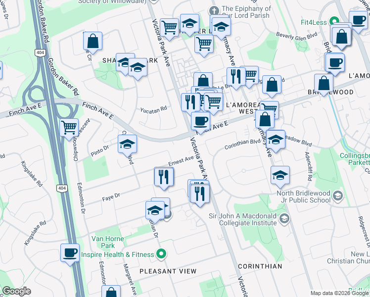 map of restaurants, bars, coffee shops, grocery stores, and more near 3000 Victoria Park Avenue in Toronto