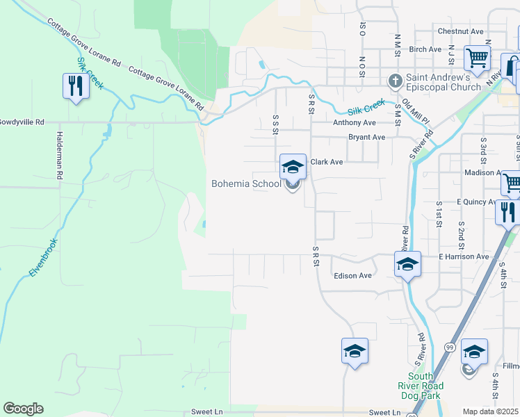 map of restaurants, bars, coffee shops, grocery stores, and more near 721 South R Street in Cottage Grove