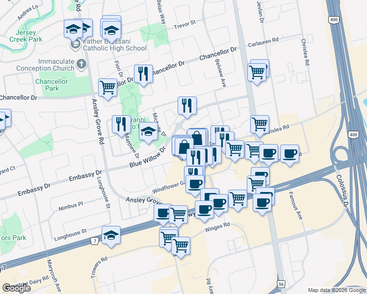 map of restaurants, bars, coffee shops, grocery stores, and more near 215 Blue Willow Drive in Vaughan