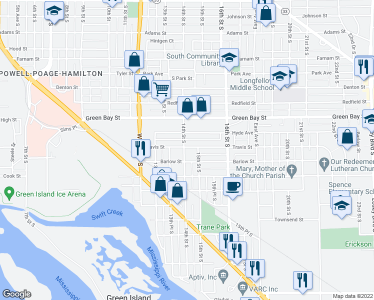 map of restaurants, bars, coffee shops, grocery stores, and more near 1401 Travis Street in La Crosse