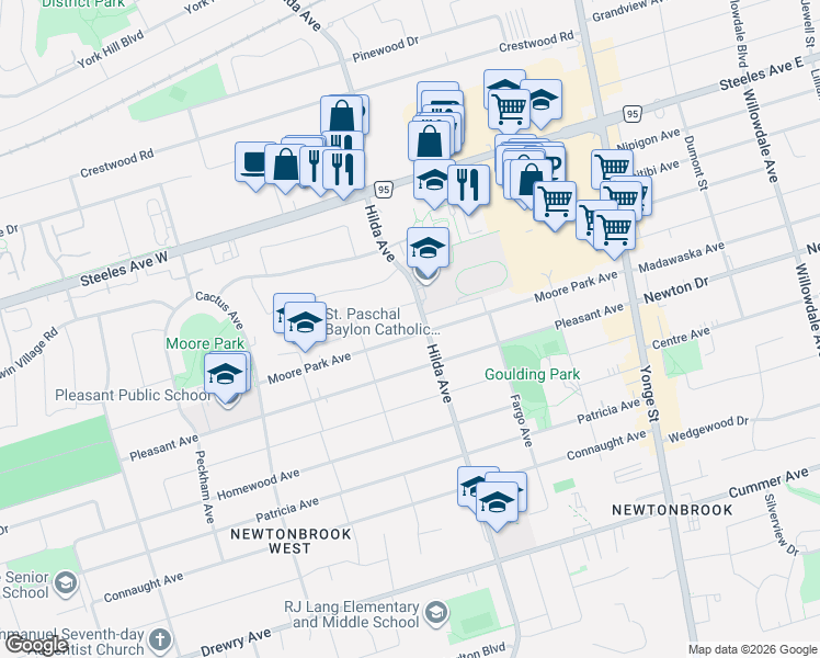 map of restaurants, bars, coffee shops, grocery stores, and more near 166 Moore Park Avenue in Toronto