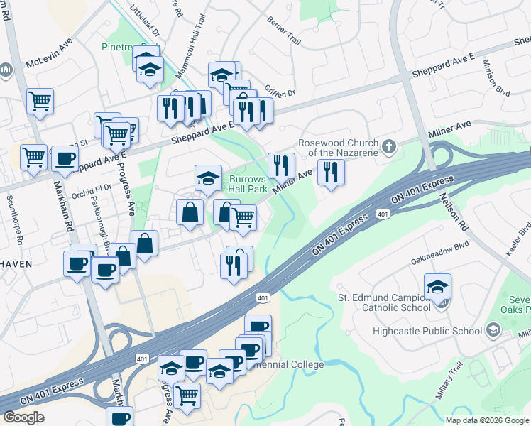 map of restaurants, bars, coffee shops, grocery stores, and more near 525 Milner Avenue in Toronto