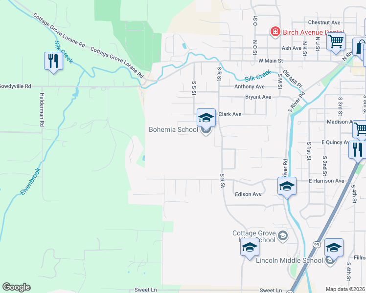 map of restaurants, bars, coffee shops, grocery stores, and more near 721 South R Street in Cottage Grove