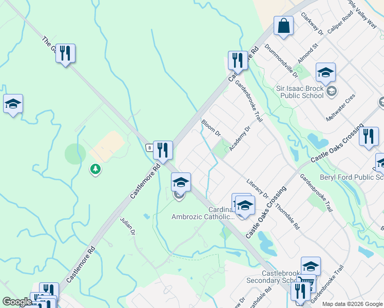 map of restaurants, bars, coffee shops, grocery stores, and more near 63 Sleightholme Crescent in Brampton