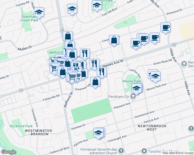 map of restaurants, bars, coffee shops, grocery stores, and more near Greenwin Village Road in Toronto