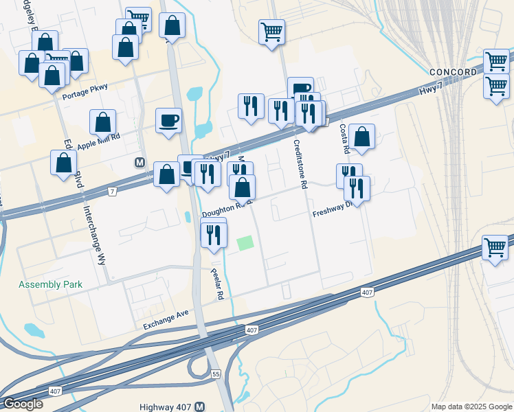 map of restaurants, bars, coffee shops, grocery stores, and more near 133 Maplecrete Road in Vaughan