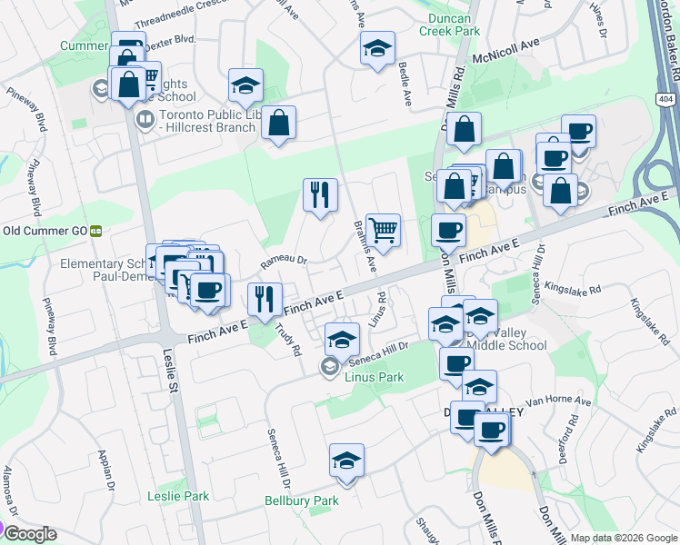 map of restaurants, bars, coffee shops, grocery stores, and more near 87 Rameau Drive in Toronto