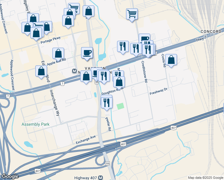 map of restaurants, bars, coffee shops, grocery stores, and more near 216 Doughton Road in Vaughan