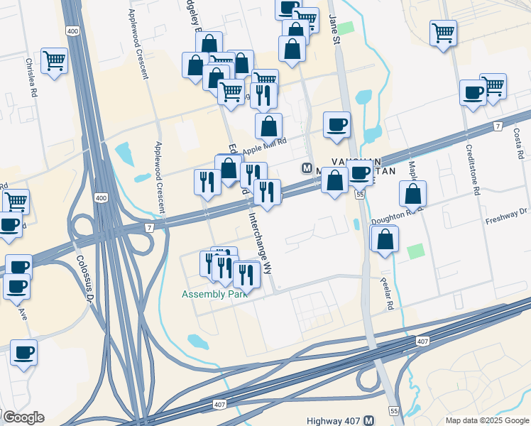 map of restaurants, bars, coffee shops, grocery stores, and more near 3201 Highway 7 in Vaughan
