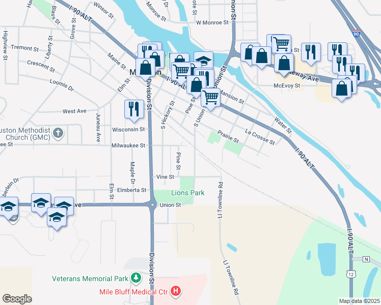 map of restaurants, bars, coffee shops, grocery stores, and more near 405 South Union Street in Mauston