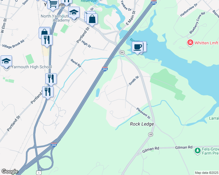 map of restaurants, bars, coffee shops, grocery stores, and more near 40 Lone Pine Lane in Yarmouth