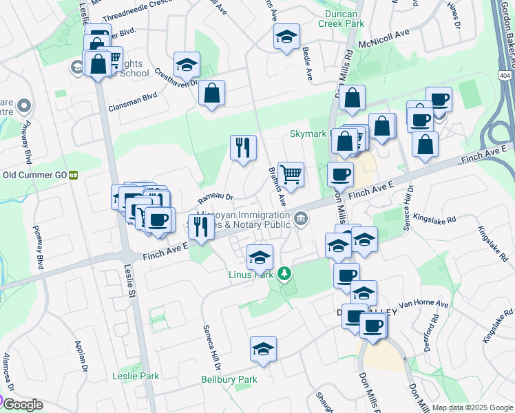 map of restaurants, bars, coffee shops, grocery stores, and more near 87 Rameau Drive in Toronto