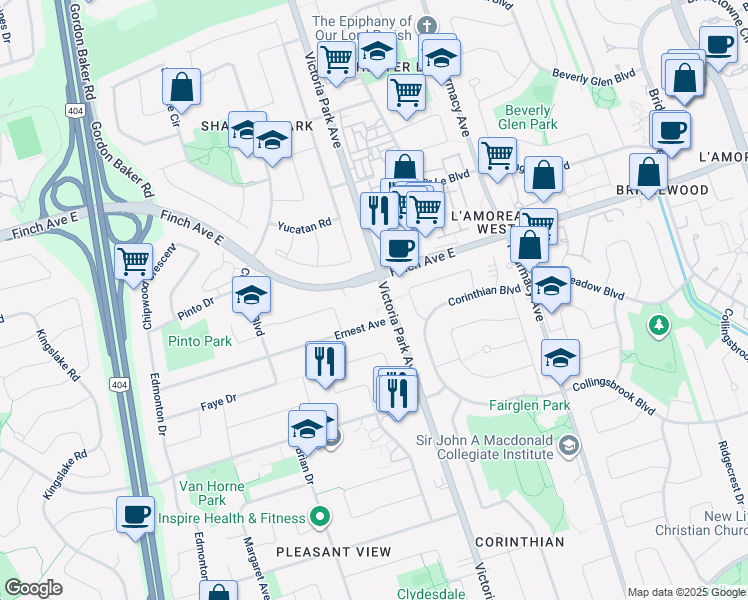 map of restaurants, bars, coffee shops, grocery stores, and more near 3000 Victoria Park Avenue in Toronto