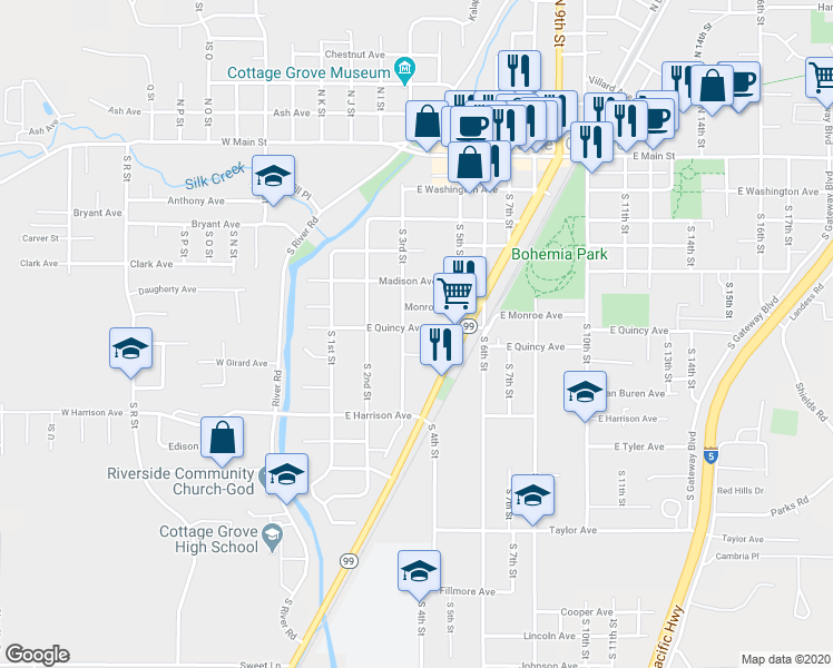 map of restaurants, bars, coffee shops, grocery stores, and more near 327 East Quincy Avenue in Cottage Grove