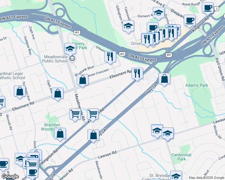 map of restaurants, bars, coffee shops, grocery stores, and more near 40 Hearth Place in Toronto