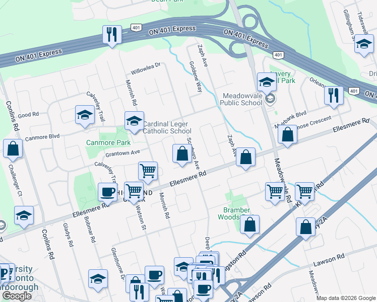map of restaurants, bars, coffee shops, grocery stores, and more near 30 Scarboro Avenue in Toronto