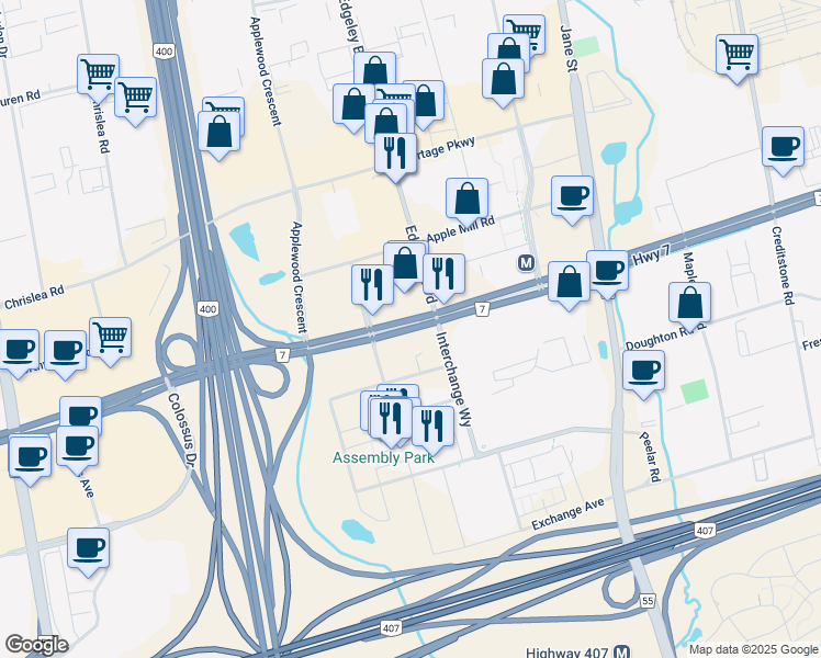 map of restaurants, bars, coffee shops, grocery stores, and more near 3315 Highway 7 in Vaughan