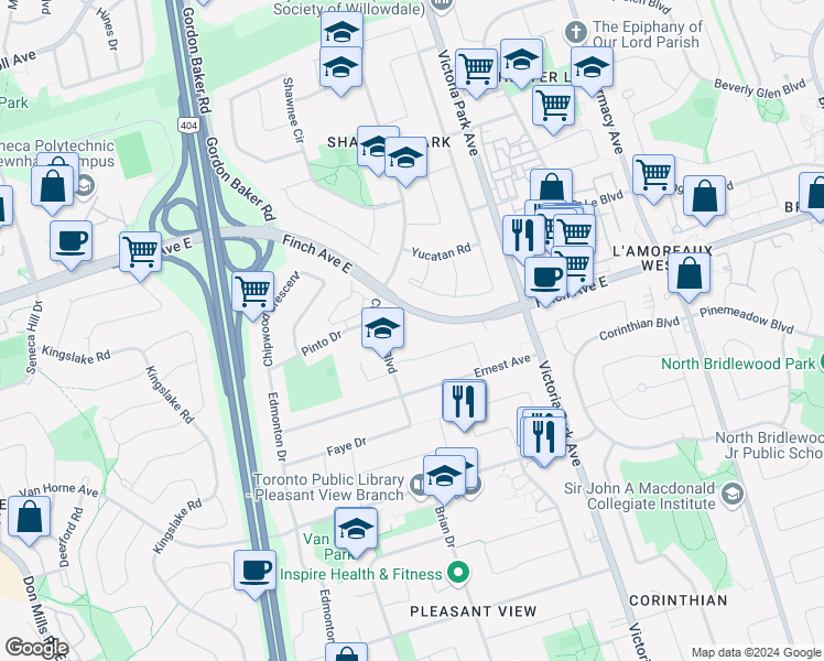 map of restaurants, bars, coffee shops, grocery stores, and more near in Toronto