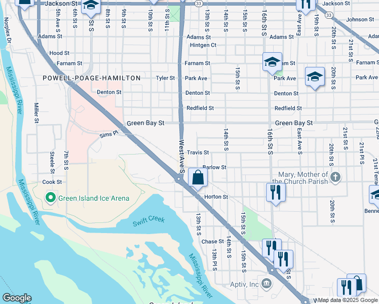 map of restaurants, bars, coffee shops, grocery stores, and more near 1211 Travis Street in La Crosse