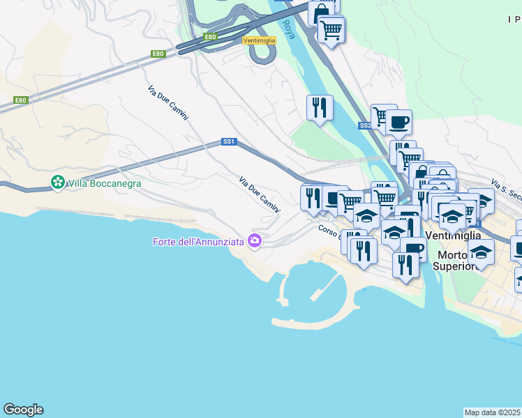 map of restaurants, bars, coffee shops, grocery stores, and more near 17 Via Forte San Paolo in Ventimiglia