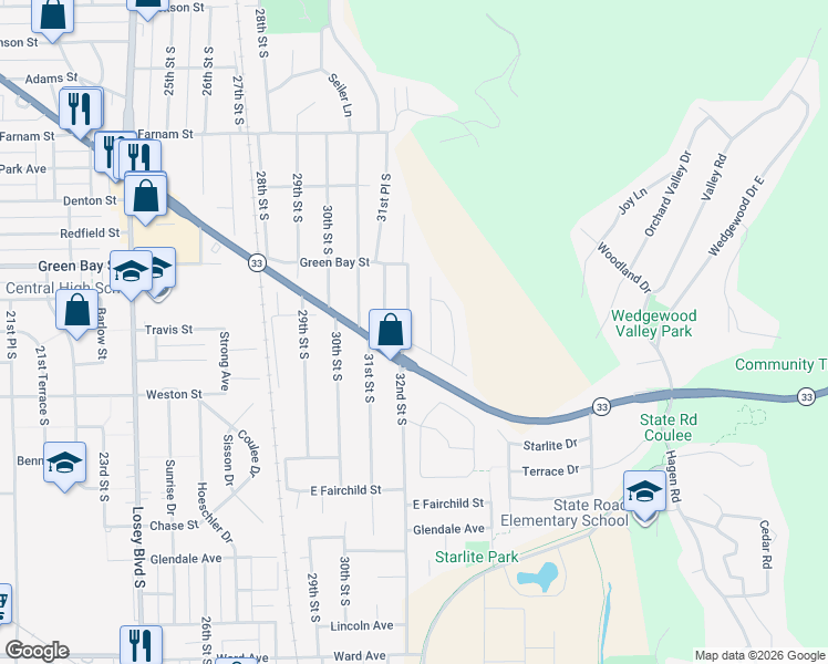 map of restaurants, bars, coffee shops, grocery stores, and more near 1837 Sunset Drive in La Crosse
