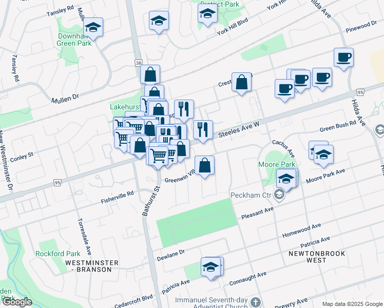 map of restaurants, bars, coffee shops, grocery stores, and more near 765 Steeles Avenue West in Toronto