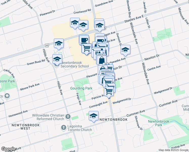 map of restaurants, bars, coffee shops, grocery stores, and more near 21 Pleasant Avenue in Toronto