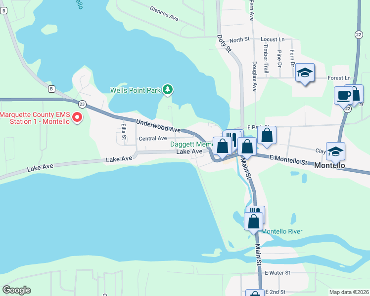 map of restaurants, bars, coffee shops, grocery stores, and more near 153 Lake Avenue in Montello