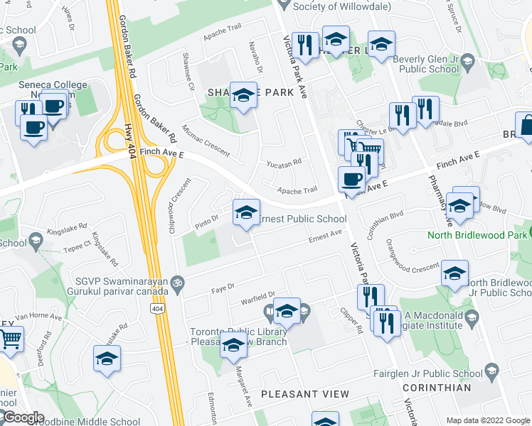 map of restaurants, bars, coffee shops, grocery stores, and more near in Toronto