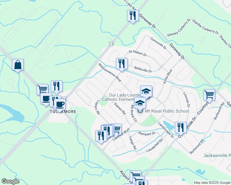 map of restaurants, bars, coffee shops, grocery stores, and more near 43 Regis Circle in Brampton