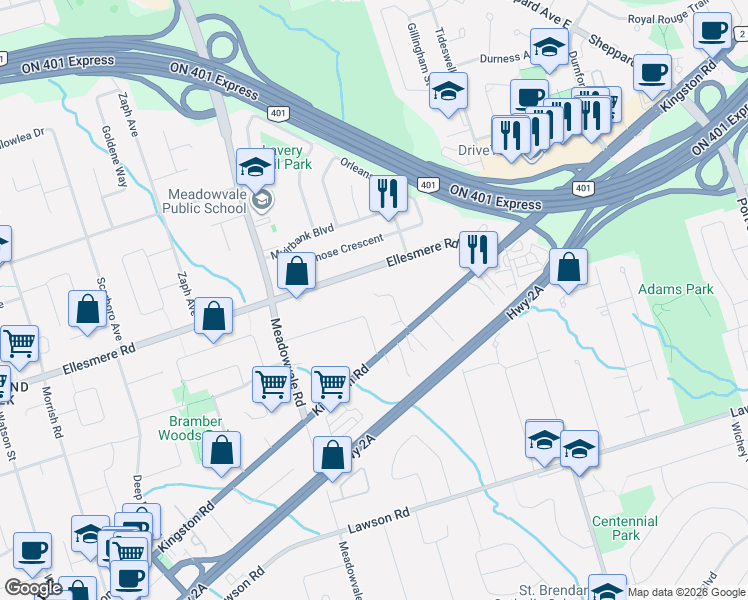 map of restaurants, bars, coffee shops, grocery stores, and more near 40 Hearth Place in Toronto