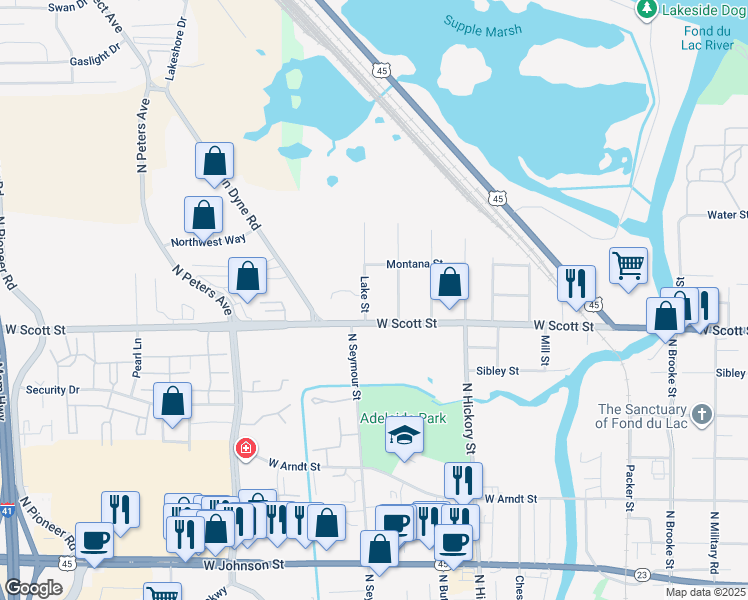 map of restaurants, bars, coffee shops, grocery stores, and more near 485 Lake St in Fond du Lac