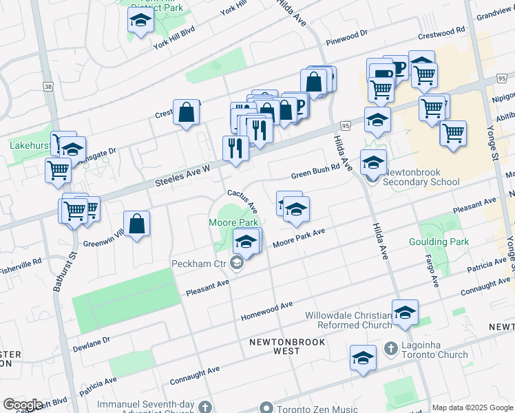 map of restaurants, bars, coffee shops, grocery stores, and more near 127 Cactus Avenue in Toronto