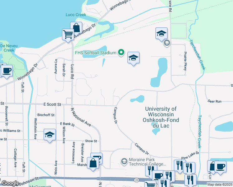 map of restaurants, bars, coffee shops, grocery stores, and more near 449-459 Campus Drive in Fond du Lac