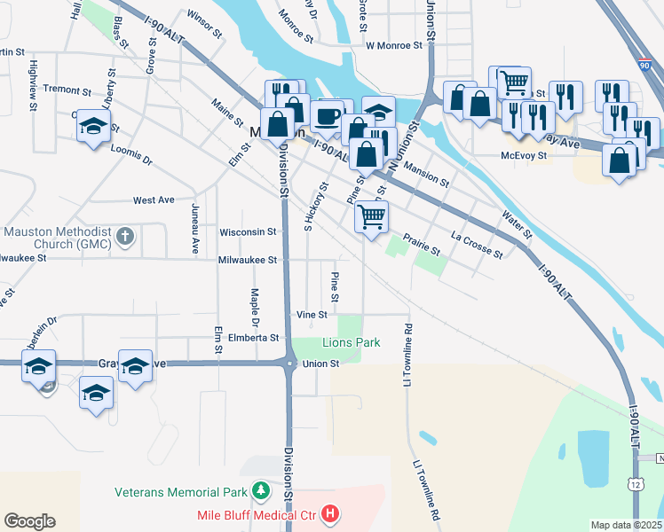map of restaurants, bars, coffee shops, grocery stores, and more near 511 Pine Street in Mauston