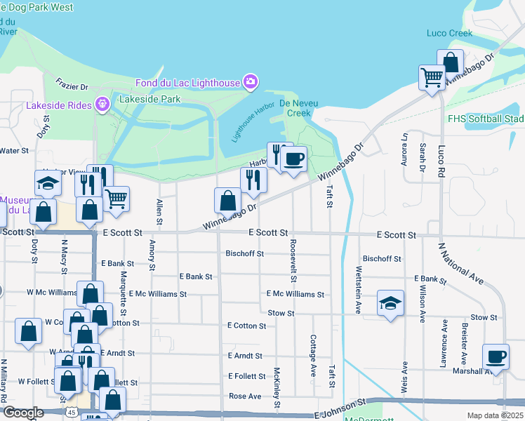 map of restaurants, bars, coffee shops, grocery stores, and more near 300 Winnebago Drive in Fond du Lac