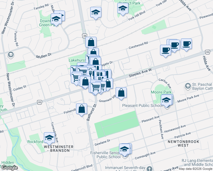 map of restaurants, bars, coffee shops, grocery stores, and more near 777 Steeles Avenue West in Toronto