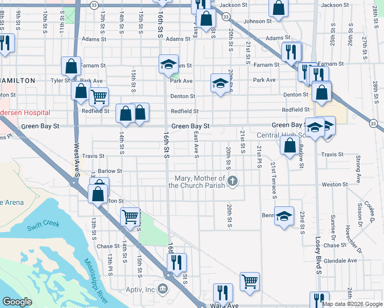 map of restaurants, bars, coffee shops, grocery stores, and more near 1649 Travis St in La Crosse