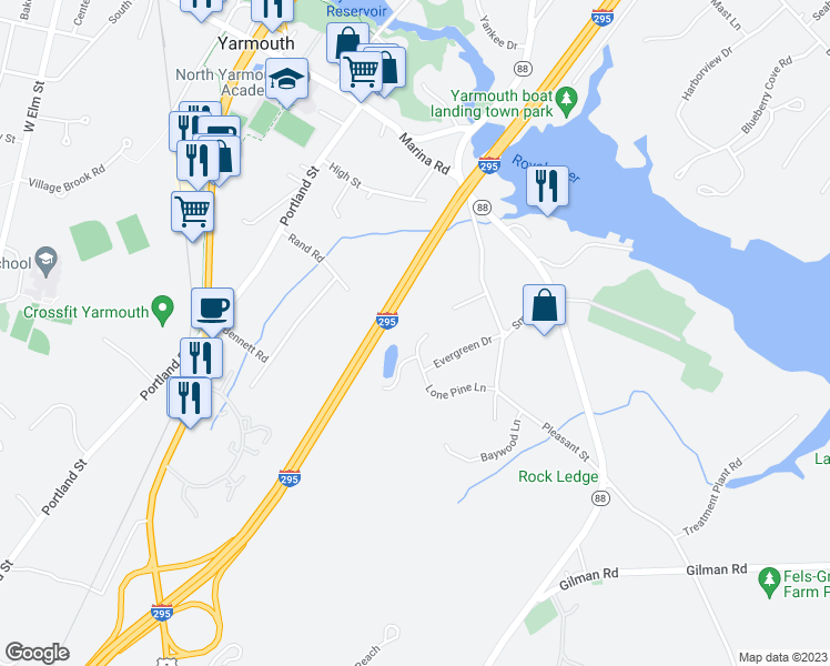 map of restaurants, bars, coffee shops, grocery stores, and more near 40 Lone Pine Lane in Yarmouth