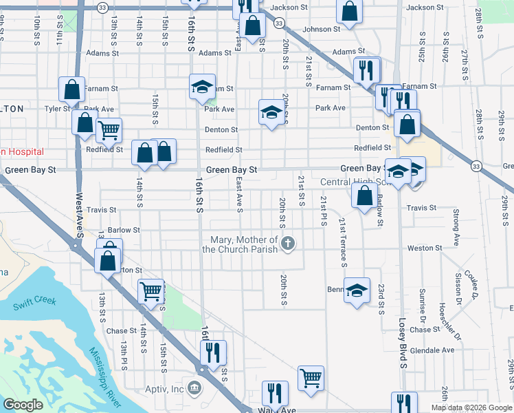 map of restaurants, bars, coffee shops, grocery stores, and more near 1825 Travis Street in La Crosse