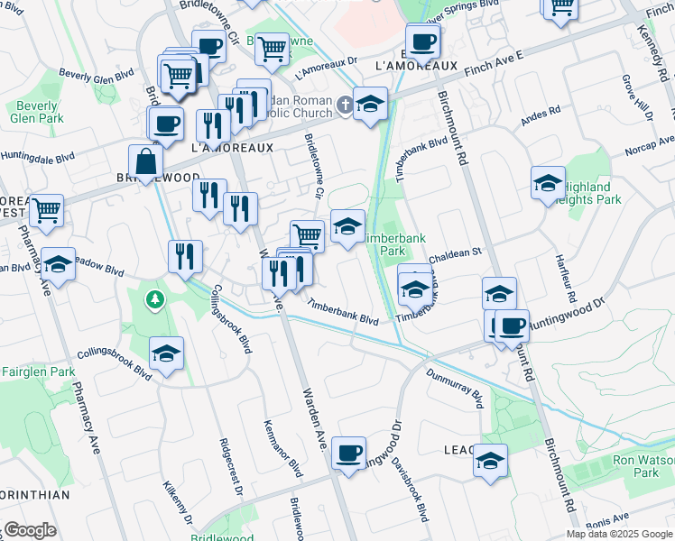 map of restaurants, bars, coffee shops, grocery stores, and more near 24 Carondale Crescent in Toronto