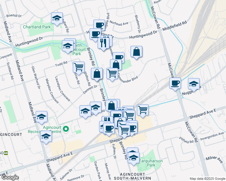 map of restaurants, bars, coffee shops, grocery stores, and more near 2203-2299 Brimley Rd in Toronto