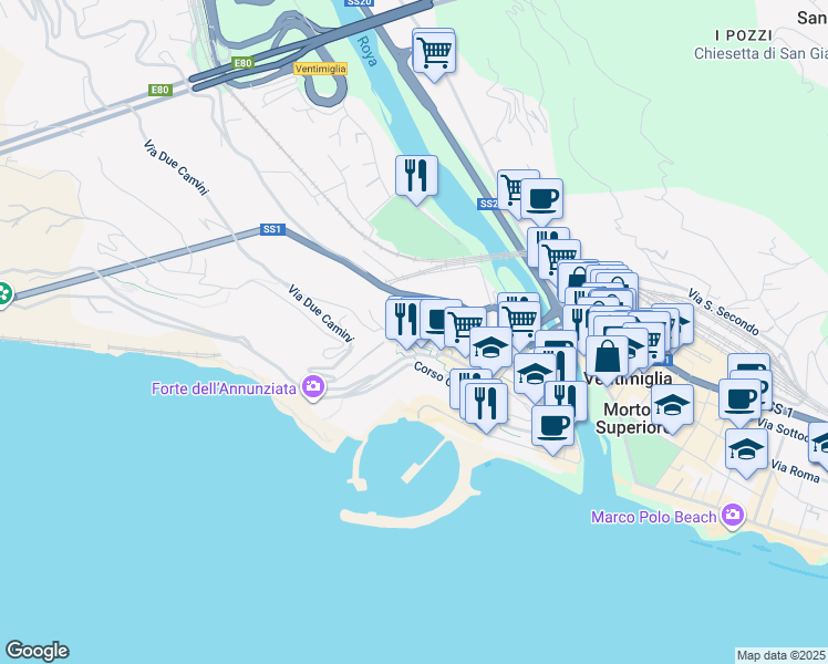 map of restaurants, bars, coffee shops, grocery stores, and more near 18 Vico Saonese in Ventimiglia