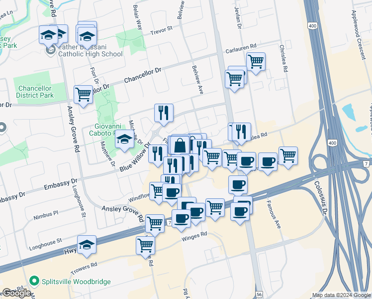map of restaurants, bars, coffee shops, grocery stores, and more near 108 Fieldstone Drive in Vaughan
